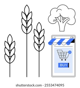 A minimalist style drawing of wheat plants, a tree, and a smartphone with an online shopping cart. Ideal for e-commerce, sustainable agriculture, organic products, digital marketing, and eco-friendly