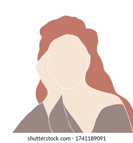 Estilo minimalista, cara de mujer. Resumen mujer de collage contemporáneo en un estilo moderno y moderno. Mujer con pelo largo.  Imprime en afiche, ropa, pegatina. Ilustración vectorial para la revista de moda, blog.