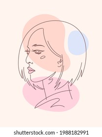 Minimalist style female face editable line, outline drawing. Asian woman profile portrait simple vector illustration. Liquid, fluid spots, shapes. Bob haircut. Hand drawn sketch, beauty salon template