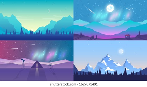 Minimalist style. Flat concept. 4 landscapes collection. Vector banners set with polygonal landscape illustration. 