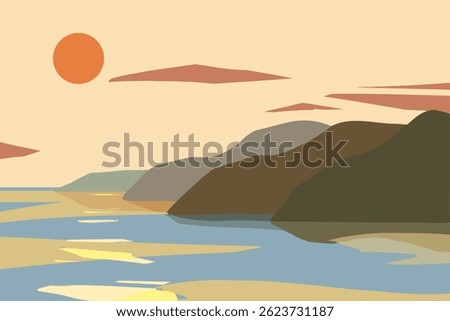Minimalist style flat design island hills with sunset design template with simple flat design