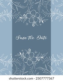 Minimalist style floral background with single line flowers and leaves on blue background for banner or card design.