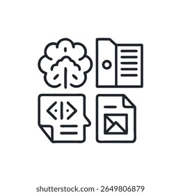Minimalist style of four dark outlined icons representing data and software systems arranged symmetrically. Flat design with focus on conceptual representation.