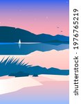 Minimalist style geometric lakeside landscape at the nightfall