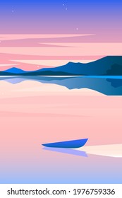 Minimalist style geometric lakeside landscape at the nightfall