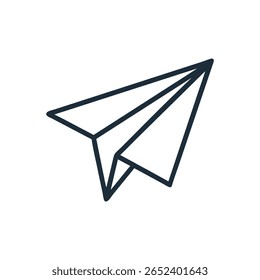 Minimalist style graphic line art of a blue paper airplane icon, isolated on black backdrop.