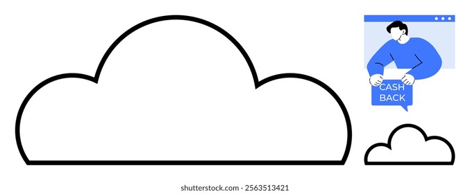 Minimalist style illustration shows a large cloud, a smaller cloud, and a person receiving a cashback message, ideal for cloud storage, online shopping, digital transactions, customer service