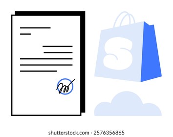 Minimalist style image contains signed document, blue shopping bag with S on it, and a cloud symbol. Ideal for e-commerce, contracts, cloud storage, digital transactions, and business communications