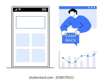 La Imagen de estilo minimalista cuenta con una interfaz de teléfono inteligente, una persona que sostiene un signo de devolución de dinero y una tabla de crecimiento. Ideal para App, finanzas, marketing, promociones y billeteras digitales. Colores principales: azul