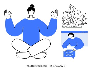 A minimalist style image of a person meditating, a cash back box held by a person on computer screen, and a floral element. Ideal for mindfulness, wellness, personal finance, online shopping