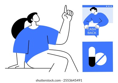 Minimalist style image with a seated character pointing upwards, an individual holding a cash back sign in a browser window, and medication icon. Ideal for finance health promotion e-commerce digital