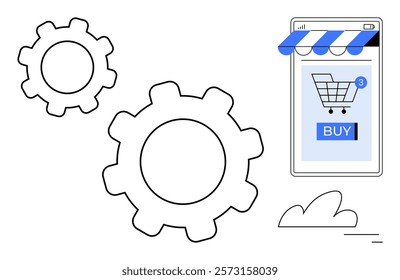 A minimalist style image of a smartphone with a shopping cart icon and gears. Ideal for e-commerce platforms, online shopping, mobile apps, technology integration, and automation themes