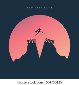 Minimalist style. jump from 2017 to 2018. man jumping over cliff on sunset background,Business concept idea