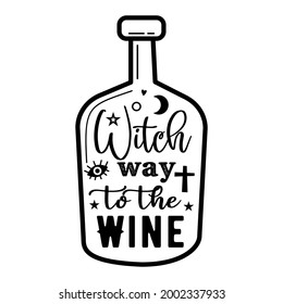 Minimalist style linear bottle with Witch Way to the Wine inscription and occult symbols designed for Halloween celebration