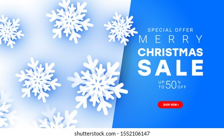 Minimalist style Merry Christmas sale banner with paper cut cold snowflakes elements flying in the air with discount text for Christmas holiday shopping promotion. Vector illustration