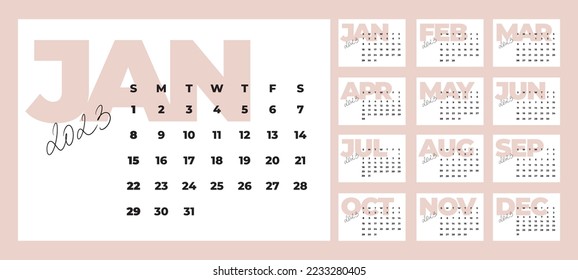 Minimalist style monthly calendar template for 2023 year. English calendar. English calendar. Week starts on Sunday. Set of 12 months. Design with big letters, typographic elements, calligraphy.