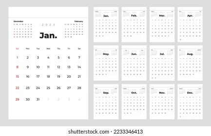 Minimalist style monthly calendar template for 2023 year. English calendar. Week starts on Sunday. Set of 12 months. Page with previous, current and future month. Vertical calendar for print