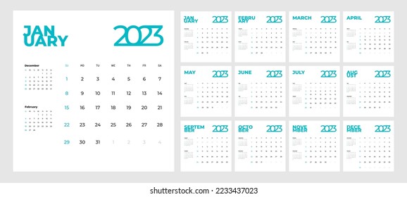 Minimalist style monthly calendar template for 2023 year. English calendar. Week starts on Sunday. Set of 12 months. Page with previous, current and future month. Square calendar for print