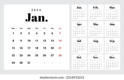 Plantilla de calendario mensual de estilo minimalista para 2024 año. Calendario inglés. La semana comienza el lunes. Conjunto de 12 meses. Diseño elegante con letras grandes, elementos tipográficos sobre fondo blanco