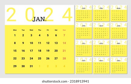 Minimalist style monthly calendar template for 2024 year. English annual calendar. Week starts on Monday. Set of 12 months. Elegant design with big letters, typographic elements on yellow background