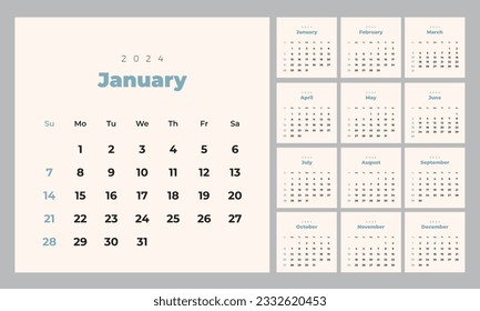 Minimalist style monthly calendar template for 2024 year. English calendar. Week starts on Sunday. Set of 12 months. Simple design with big letters, typographic elements. Square composition