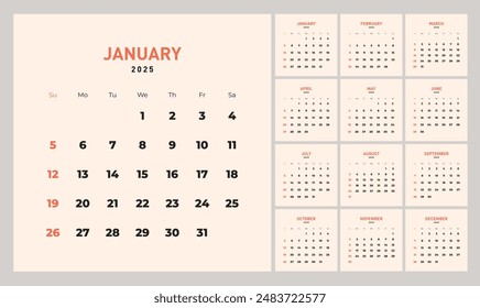 Minimalist style monthly calendar template for 2025 year. English calendar. Week starts on Sunday. Set of 12 months. Simple design with big letters, typographic elements. Square composition 2