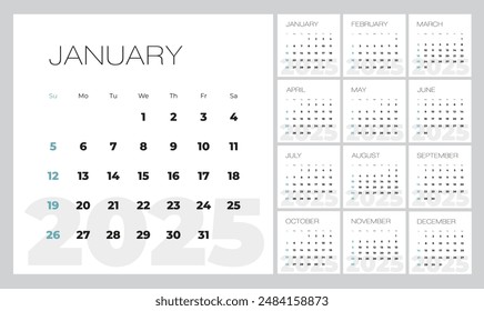 Plantilla de calendario mensual de estilo minimalista para el año 2025. Calendario inglés. La semana comienza el domingo. Conjunto de 12 meses. Diseño sencillo con letras grandes, Elementos tipográficos. Composición cuadrada 3