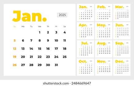 Minimalist style monthly calendar template for 2025 year. English calendar. Week starts on Sunday. Set of 12 months. Simple design with big letters, typographic elements. Square composition