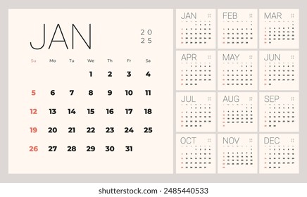 Minimalist style monthly calendar template for 2025 year. English calendar. Week starts on Sunday. Set of 12 months. Simple design with big letters, typographic elements. Square composition