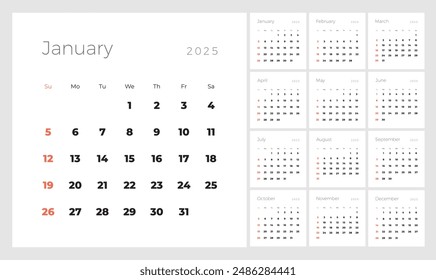 Minimalist style monthly calendar template for 2025 year. English calendar. Week starts on Sunday. Set of 12 months. Simple design with big letters, typographic elements. Square composition