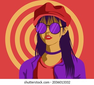 Minimalist style people vector illustration. Cool and stylish girl with hat and purple sunglasses