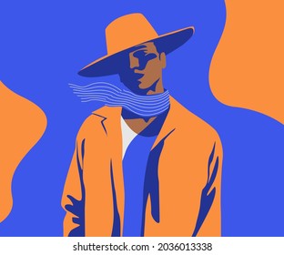 Minimalist style people vector illustration. Stylish cool black man with wearing hat and scarf