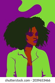 Minimalist style people vector illustration. Cool and stylish black girl wearing elegant mint green outfit  with purple background