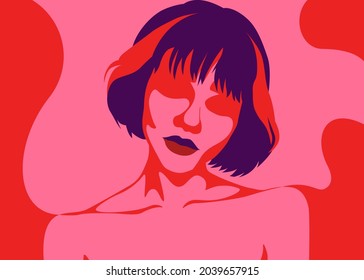 Minimalist style people vector illustration. Cool and stylish girl in abstract pink skin and purple hair