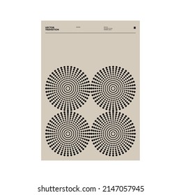 Minimalist style poster design layout with Swiss aesthetics graphics and Helvetica typography with abstract geometric forms and vector shapes. 