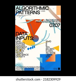 Minimalist style poster design layout with Swiss aesthetics graphics and Helvetica typography with abstract geometric forms and vector shapes. 