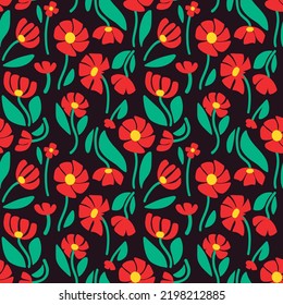 Minimalist style of red poppy flowers with green stems and leaves forming seamless pattern on brown background