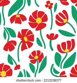 Minimalist style of red poppy flowers with green stems and leaves forming seamless pattern on white background