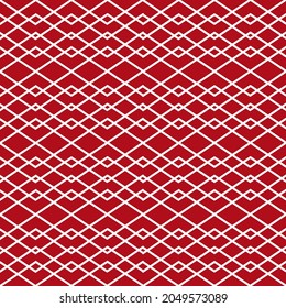 Minimalist style seamless pattern background with white lines forming geometric rhombus ornament on red backdrop