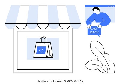 Minimalist style shopfront with a reusable bag, indicating eco-friendliness, next to an online offer for cashback. Ideal for shops, e-commerce, sustainability, recycling, and eco-conscious consumers