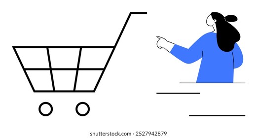 A minimalist style shopping cart with a person in a blue shirt pointing to the right. Ideal for online shopping website advertising, e-commerce, retail business, consumer guidance, and digital