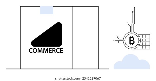 Estilo minimalista mostrando uma vitrine rotulada comércio ao lado de um símbolo digital Bitcoin conectado à tecnologia blockchain. Ideal para e-commerce criptomoeda pagamentos digitais tecnologia blockchain