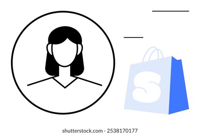 Minimalist style shows a female avatar in a circle alongside a blue shopping bag with an S logo. Ideal for online shopping, e-commerce, user profile, digital marketing, and social media themes