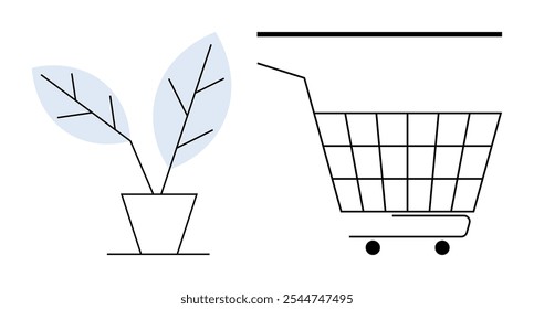 Un estilo minimalista muestra una planta en maceta con dos hojas azules al lado de un Carrito de compras. Ideal para tiendas ecológicas, compras sostenibles, conciencia ambiental, jardinería y conservación de la naturaleza