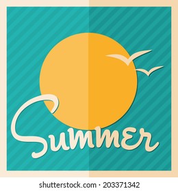 Minimalist style summer design poster with sun and birds.