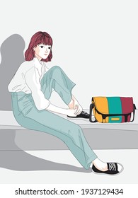 A minimalist style travel girl sitting on a platform to travel