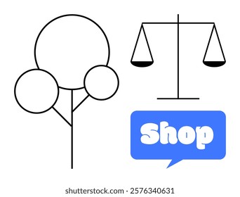 Minimalist style with a tree made of circles and lines, justice scales and a shop sign in blue speech bubble. Ideal for business branding, nature themes, balance and fairness, shopping and minimalist