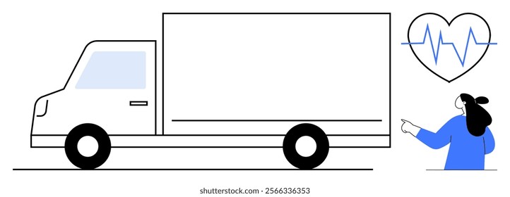 A minimalist style of a truck, a woman pointing to a heartbeat monitor inside a heart symbol. Ideal for healthcare supply chains, medical logistics, emergency services, health transportation