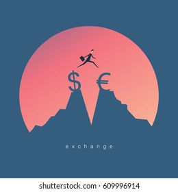 Minimalist style vector business finance concept. exchange businessman jumps dollar and euro