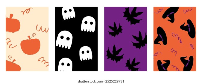 Minimalist style vector Halloween posters collection. Perfect background template for banner, flyer, label, postcard, sale. Hand drawn illustration.